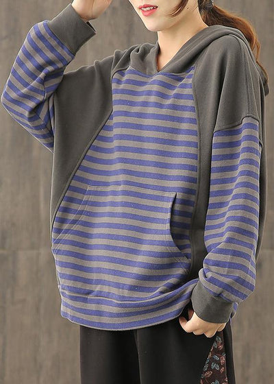 Loose hooded patchwork top Neckline blue striped tops - SooLinen