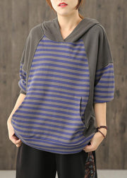 Loose hooded patchwork top Neckline blue striped tops - SooLinen