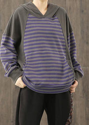 Loose hooded patchwork top Neckline blue striped tops - SooLinen