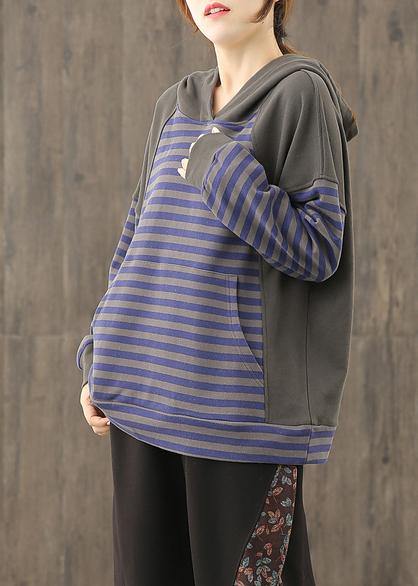 Loose hooded patchwork top Neckline blue striped tops - SooLinen