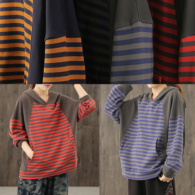 Loose hooded patchwork top Neckline blue striped tops - SooLinen