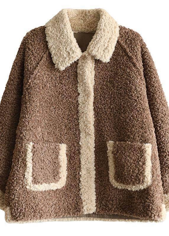 Loose lapel collar fine patchwork Coats Women chocolate daily jackets - SooLinen