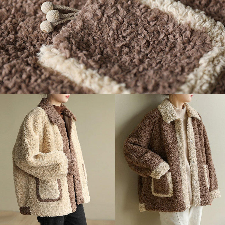 Loose lapel collar fine patchwork Coats Women chocolate daily jackets - SooLinen