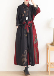 Loose lapel drawstring tunic pattern Catwalk red print Traveling Dresses - SooLinen