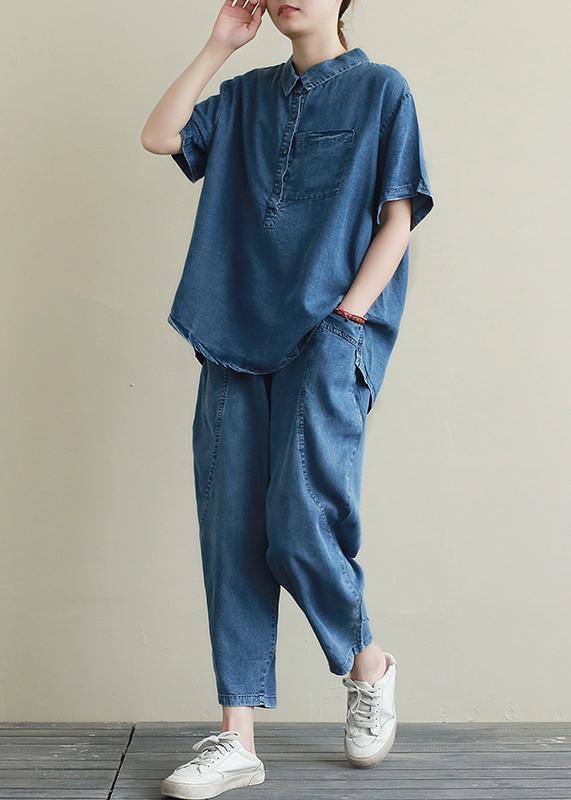 Loose large size thin section blue denim casual suit female lapel short sleeve shirt harem pants two-piece suit - SooLinen