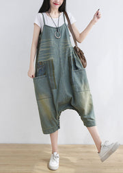 Loose light Blue pockets Print denim Jumpsuit Spring