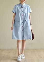 Loose light blue dress silhouette lapel pockets box summer shirts - SooLinen