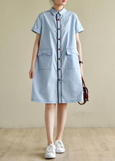 Loose light blue dress silhouette lapel pockets box summer shirts - SooLinen