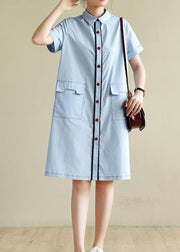 Loose light blue dress silhouette lapel pockets box summer shirts - SooLinen