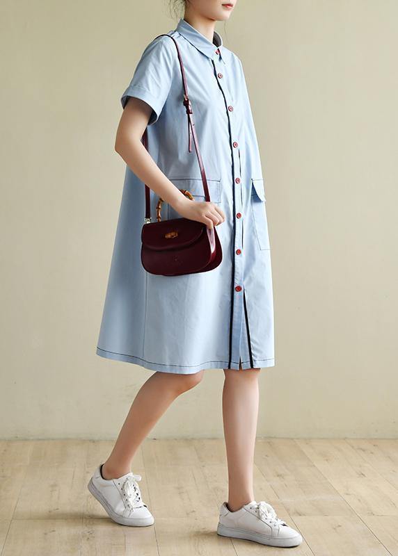 Loose light blue dress silhouette lapel pockets box summer shirts - SooLinen