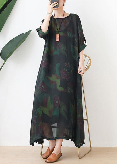 Loose o neck chiffon kaftans Casual green print Maxi Dresses - SooLinen