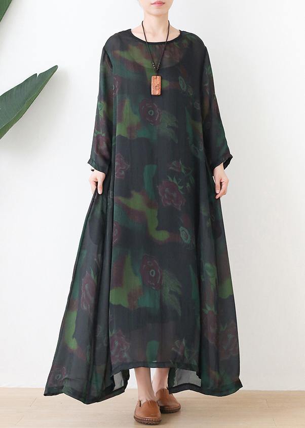 Loose o neck chiffon kaftans Casual green print Maxi Dresses - SooLinen