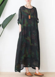 Loose o neck chiffon kaftans Casual green print Maxi Dresses - SooLinen