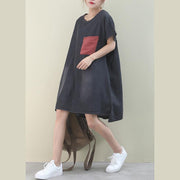 Loose o neck red pockets Cotton quilting dresses Inspiration denim black Dress - SooLinen