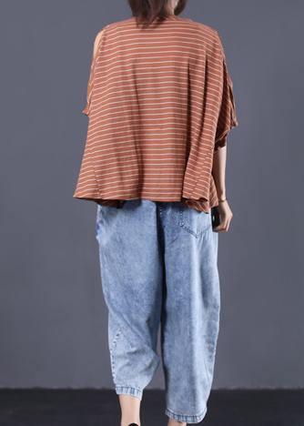 Loose off the shoulder sleeve cotton crane tops Cotton dark khaki striped tops summer - SooLinen