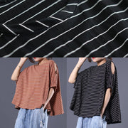 Loose off the shoulder sleeve cotton crane tops Cotton dark khaki striped tops summer - SooLinen