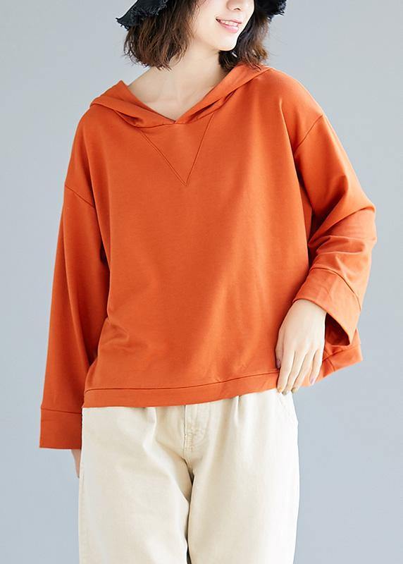 Loose orange cotton blouses for women hooded loose fall top - SooLinen