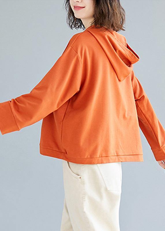 Loose orange cotton blouses for women hooded loose fall top - SooLinen