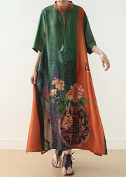 Loose orange green print chiffon Robes Century Shirts stand collar half sleeve Summer Dress - SooLinen