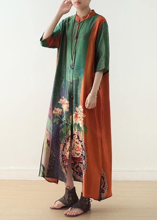 Loose orange green print chiffon Robes Century Shirts stand collar half sleeve Summer Dress - SooLinen