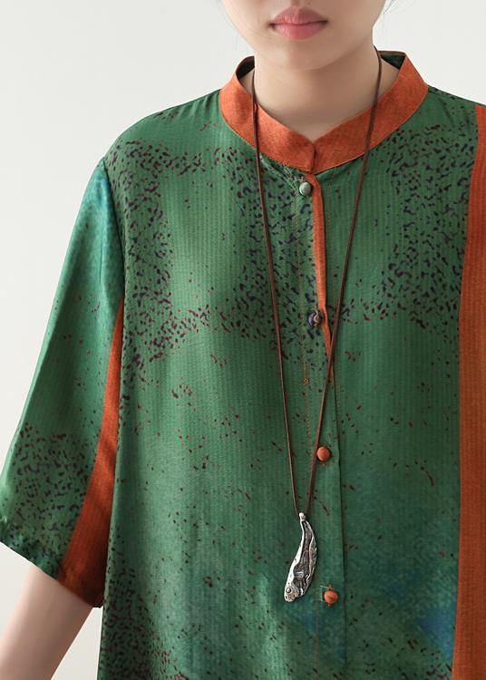 Loose orange green print chiffon Robes Century Shirts stand collar half sleeve Summer Dress - SooLinen