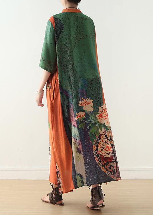 Loose orange green print chiffon Robes Century Shirts stand collar half sleeve Summer Dress - SooLinen