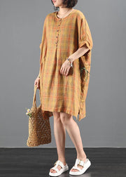 Loose orange plaid dresses o neck drawstring Knee summer Dress - SooLinen