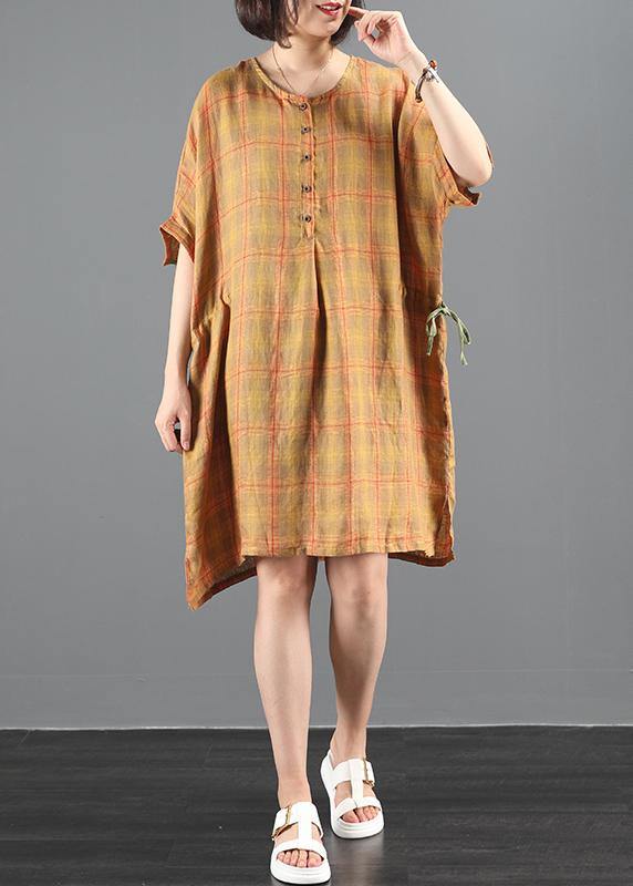 Loose orange plaid dresses o neck drawstring Knee summer Dress - SooLinen