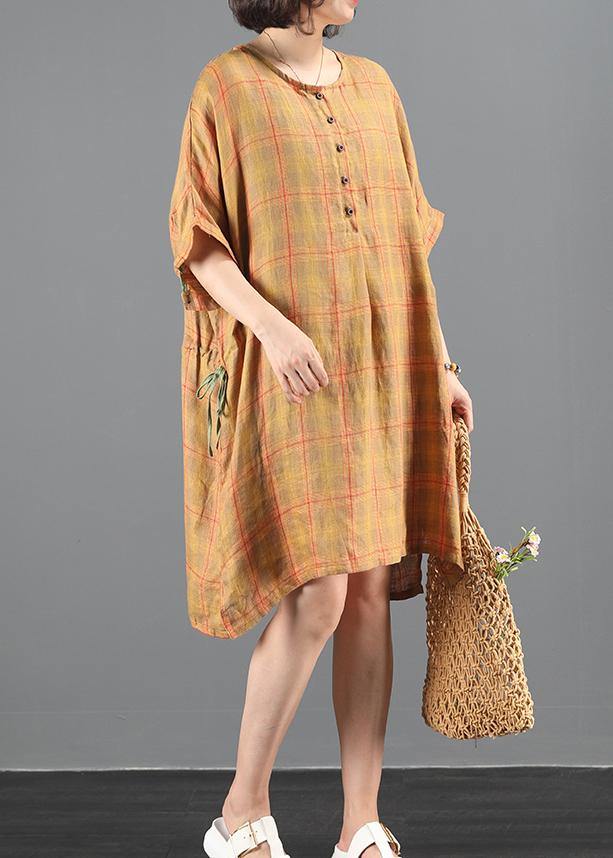 Loose orange plaid dresses o neck drawstring Knee summer Dress - SooLinen