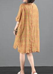 Loose orange plaid dresses o neck drawstring Knee summer Dress - SooLinen