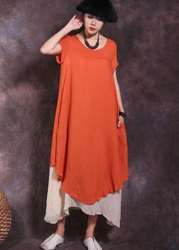 Loose orange short sleeve linen dress false two pieces loose summer Dress - SooLinen