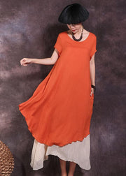 Loose orange short sleeve linen dress false two pieces loose summer Dress - SooLinen