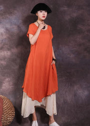 Loose orange short sleeve linen dress false two pieces loose summer Dress - SooLinen