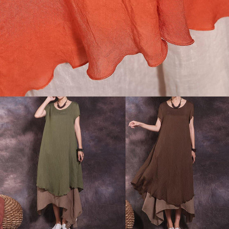 Loose orange short sleeve linen dress false two pieces loose summer Dress - SooLinen