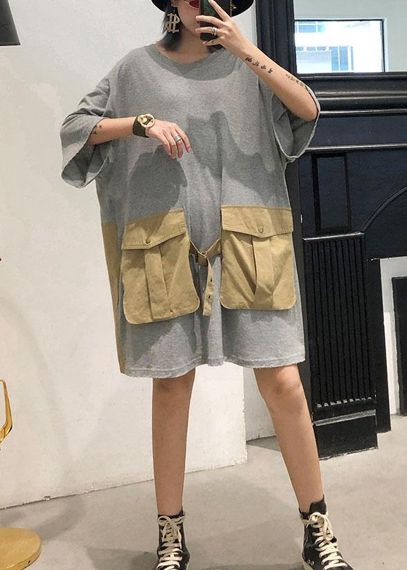 Loose patchwork big pockets Cotton clothes Women Inspiration gray Dresses summer - SooLinen