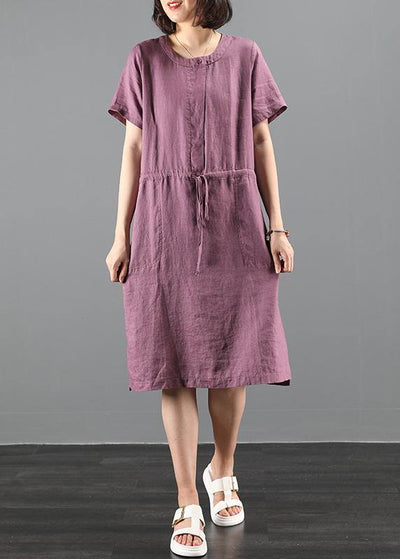 Loose purple Tunics o neck drawstring loose Dress - SooLinen