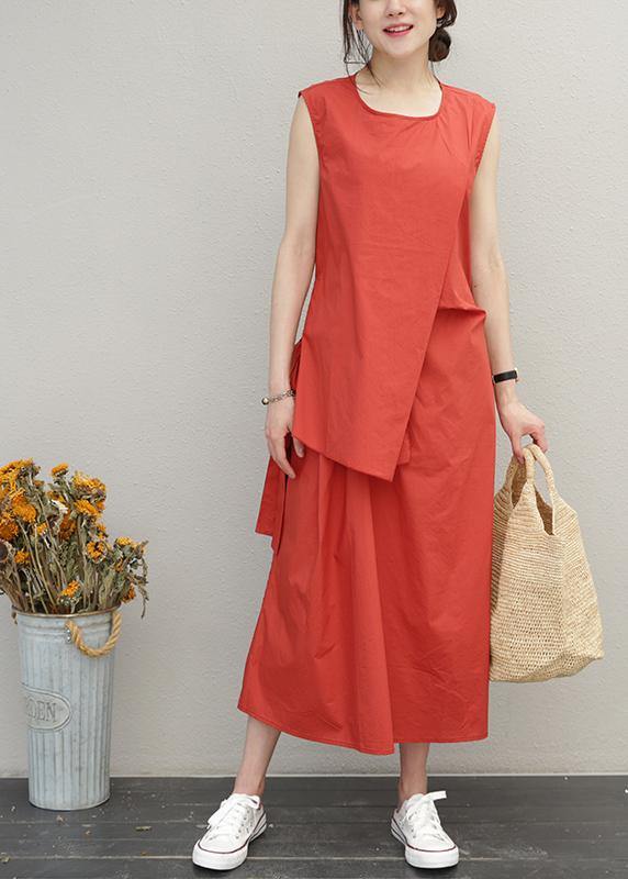 Loose red cotton Long Shirts o neck asymmetric Maxi summer Dress - SooLinen