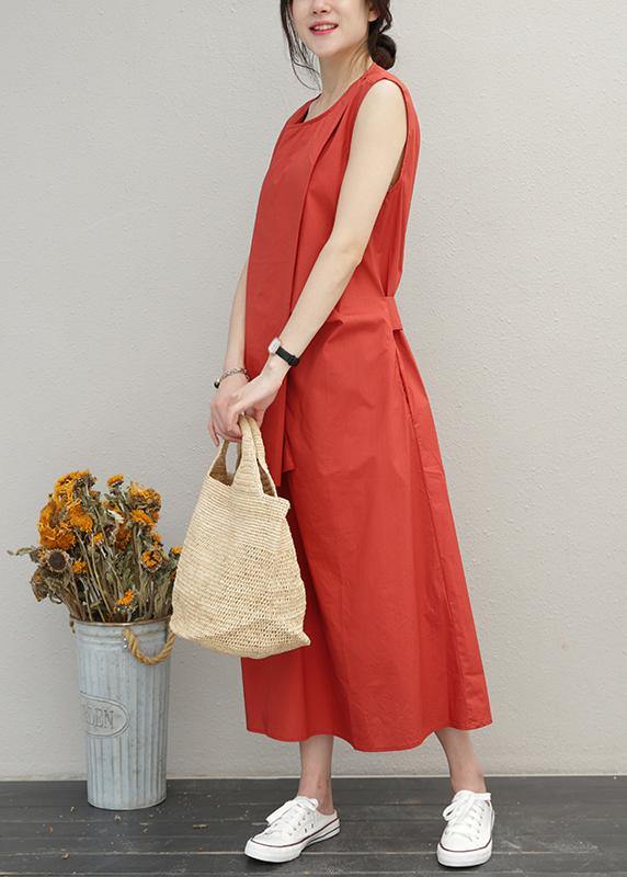 Loose red cotton Long Shirts o neck asymmetric Maxi summer Dress - SooLinen