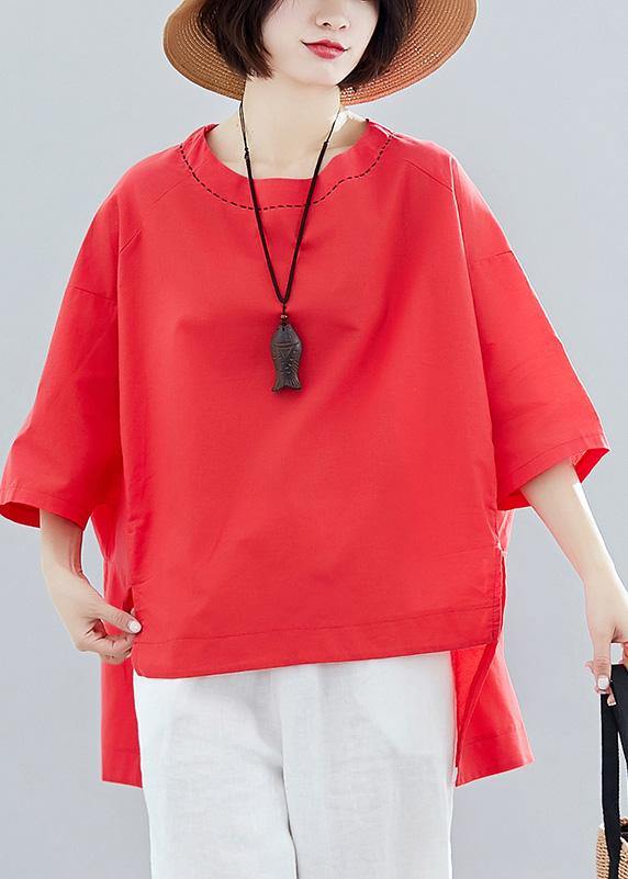 Loose red cotton Tunic low high design Art summer shirts - SooLinen