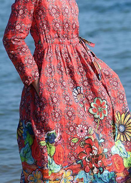 Loose red floral linen outfit drawstring long v neck Dresses - SooLinen