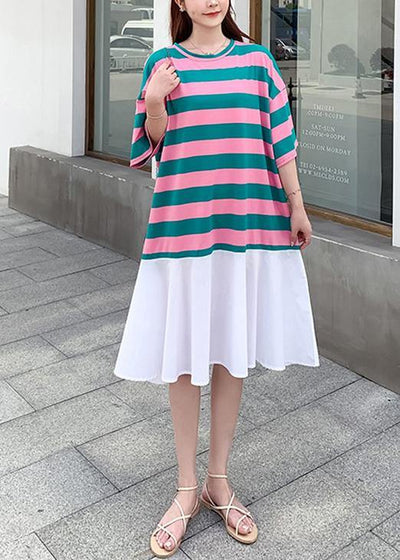 Loose red green striped dresses o neck Ruffles cotton summer Dress - SooLinen