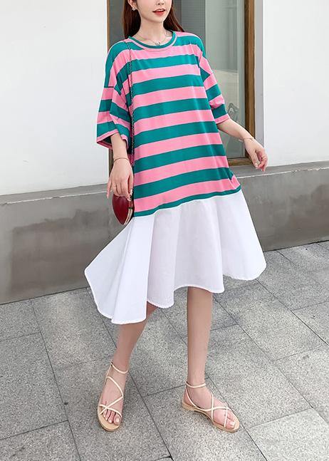 Loose red green striped dresses o neck Ruffles cotton summer Dress - SooLinen