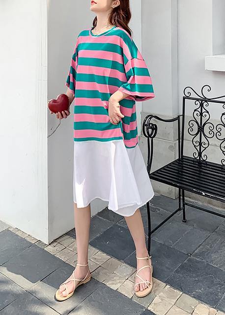 Loose red green striped dresses o neck Ruffles cotton summer Dress - SooLinen