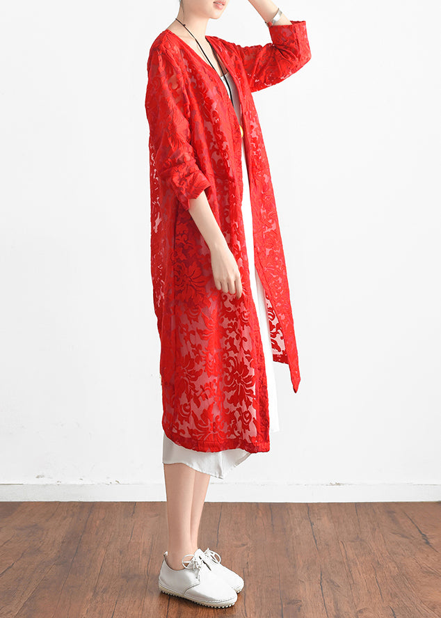 Loose red lace outwear plus size Tunic Tops v neck shift summer hollow out cardigan