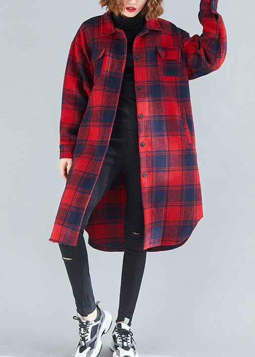 Loose red plaid cotton top silhouette lapel pockets Dresses blouses - SooLinen