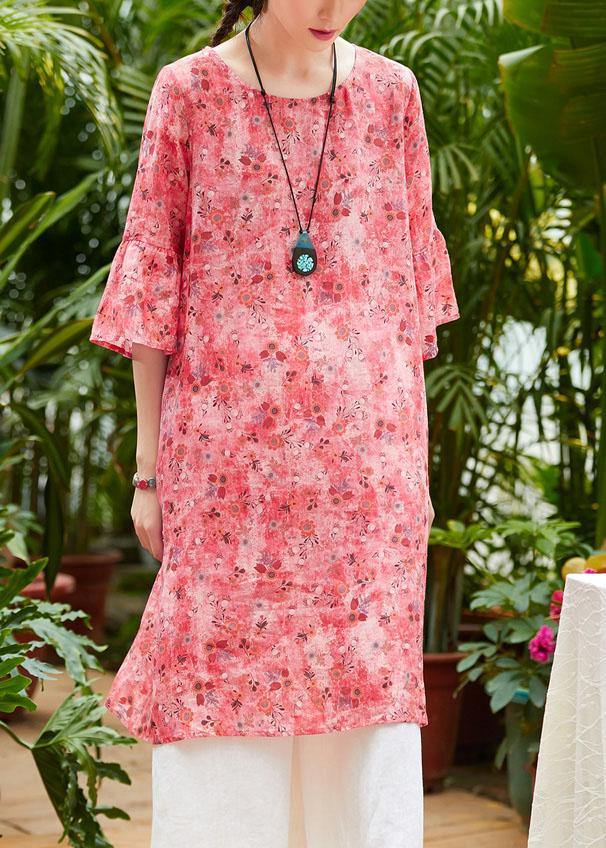 Loose red print linen clothes For Women o neck half sleeve patchwork loose summer Dresses - SooLinen