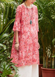 Loose red print linen clothes For Women o neck half sleeve patchwork loose summer Dresses - SooLinen