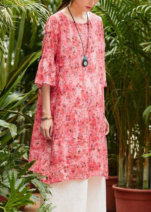 Loose red print linen clothes For Women o neck half sleeve patchwork loose summer Dresses - SooLinen