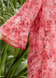 Loose red print linen clothes For Women o neck half sleeve patchwork loose summer Dresses - SooLinen