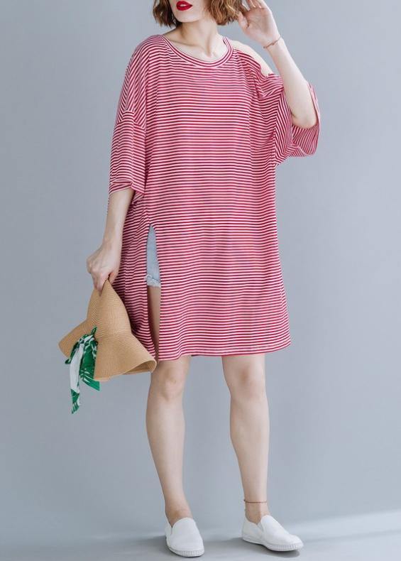 Loose red striped Cotton tunic top o neck side open shift Dresses - SooLinen